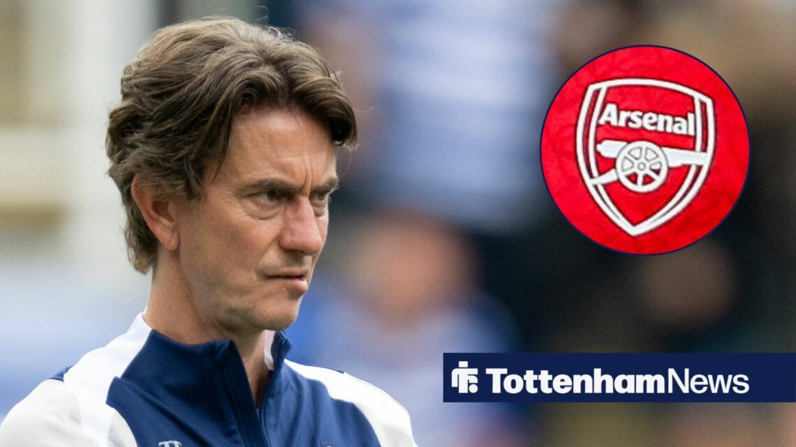 Thomas Frank focused on Arsenal badge in circular inset