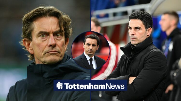 Thomas Frank looks serious, Mikel Arteta with his arms folded, and Gary Neville in a round overlay