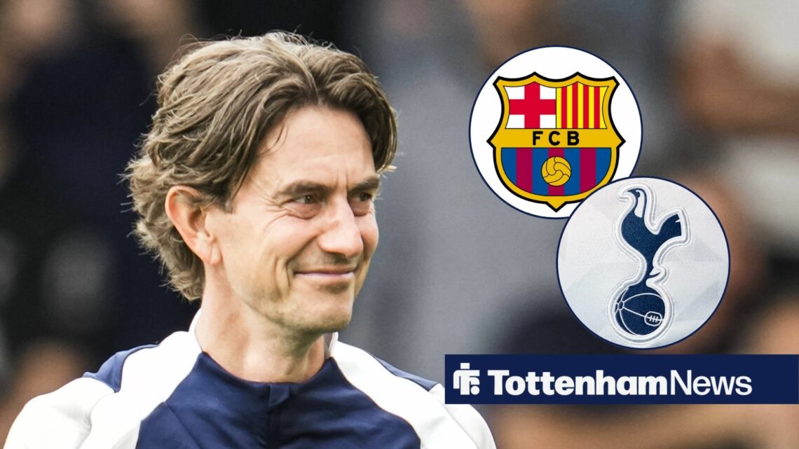 Thomas Frank smiling at Barcelona and Tottenham badges in circular insets
