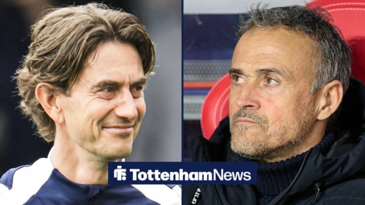 Thomas Frank smiling at Luis Enrique in split image