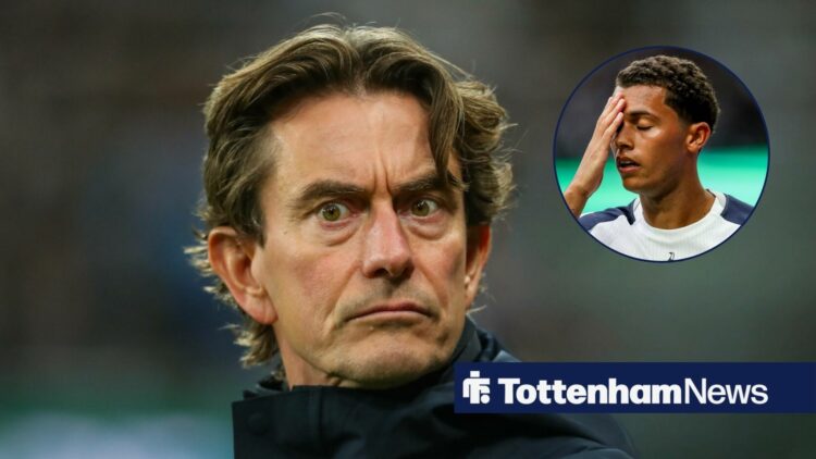 Thomas Frank looking serious and Brennan Johnson puts his hand over his face in a circular overlay