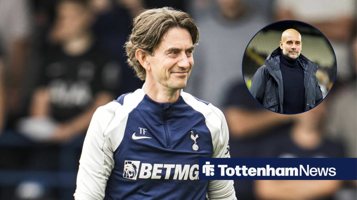Tottenham boss Thomas Frank with Man City boss Pep Guardiola inset