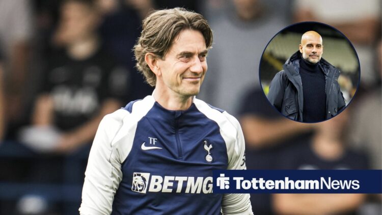 Tottenham boss Thomas Frank with Man City boss Pep Guardiola inset