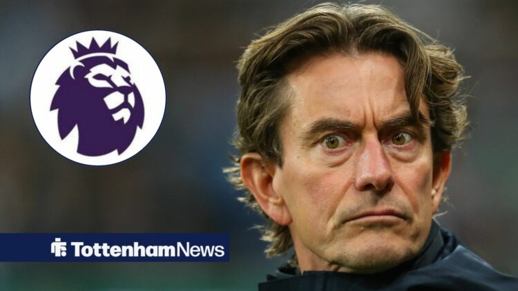 Thomas Frank looking at Premier League badge in circular inset