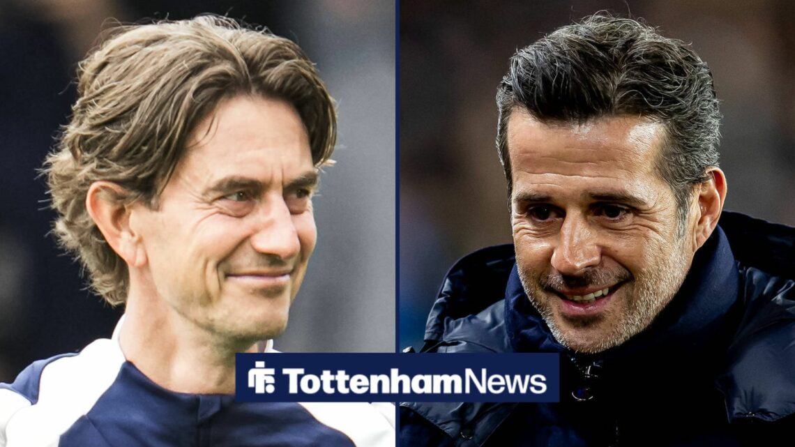 Thomas Frank smiling at Marco Silva in split image