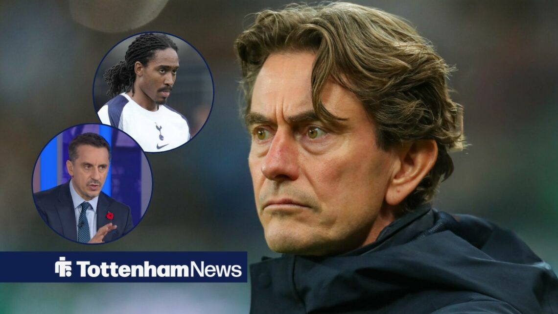 Thomas Frank frowns with Djed Spence and Gary Neville in circular overlays