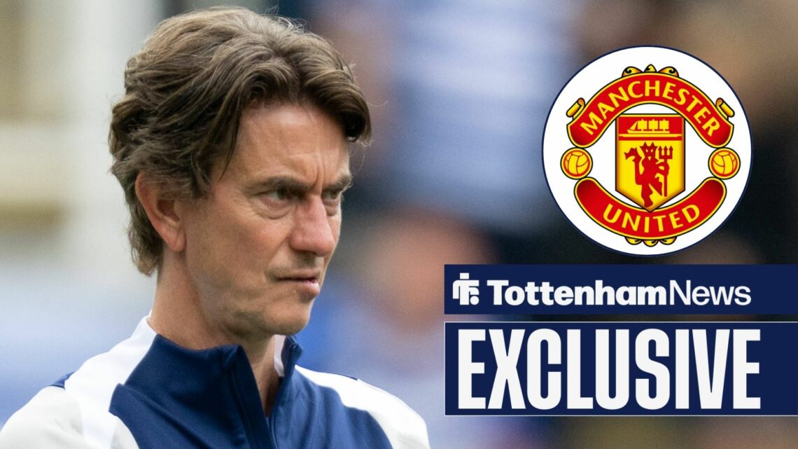 Thomas Frank looking concernedly at Manchester United badge in circular inset