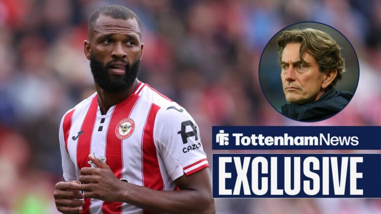 Tottenham News exclusive as Brentford striker Igor Thiago is in action during a game, while Spurs manager Thomas Frank watches on in a circular inset.