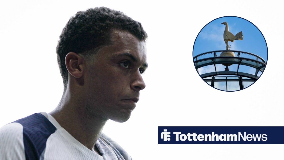 Brennan Johnson looking at Tottenham Hotspur Stadium in circular inset