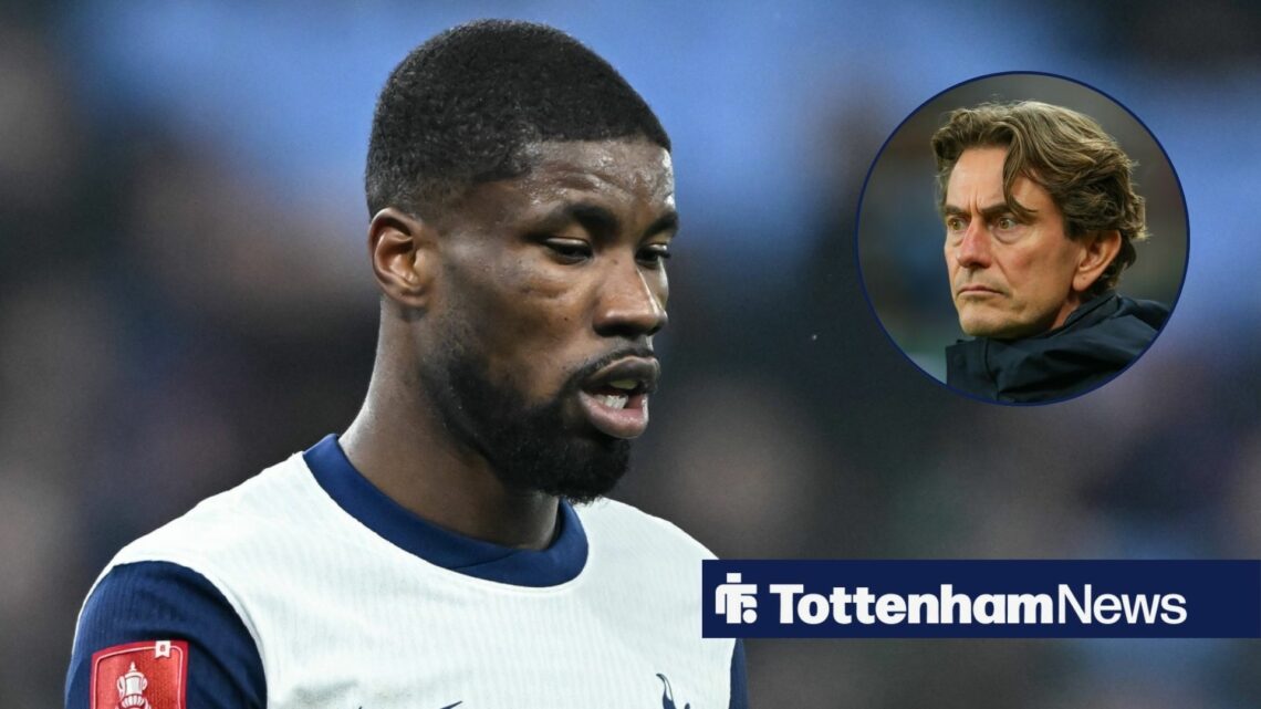 Tottenham star Kevin Danso looking dejected, Thomas Frank in inset.