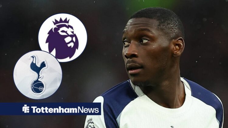 Randal Kolo Muani in action looking at Tottenham and Premier League badges in circular insets