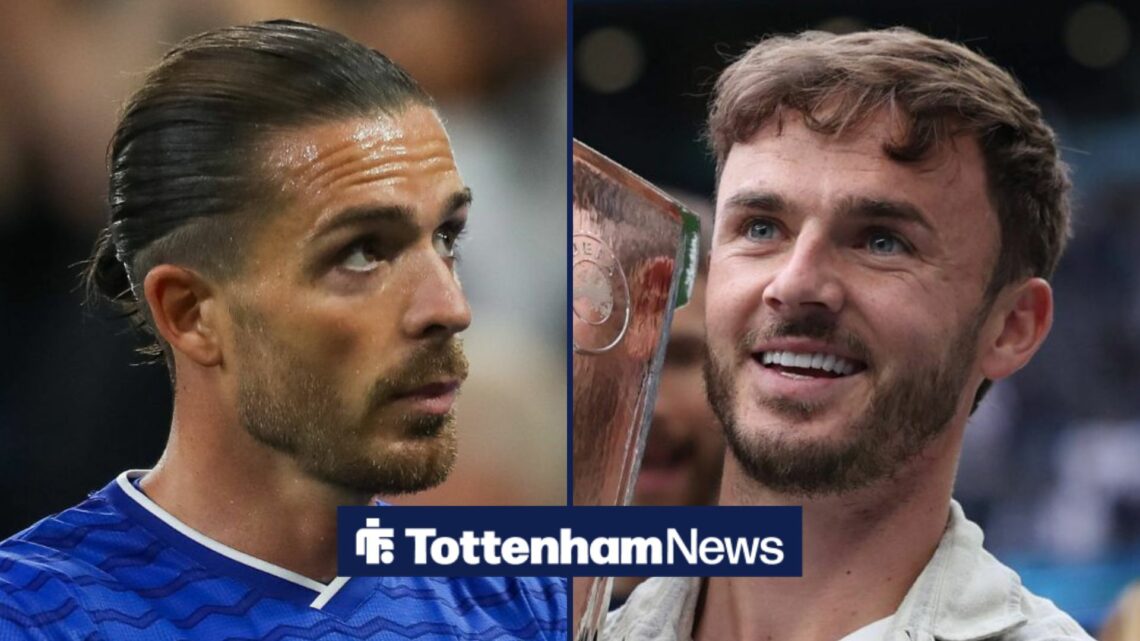 James Maddison smiling at Jack Grealish in split image