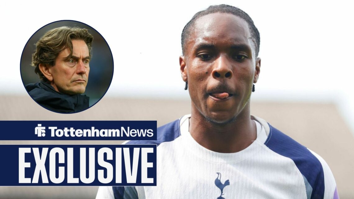 Tottenham News exclusive as Mathys Tel stares at the ground during a game, as manager Thomas Frank looks on from a circular inset.