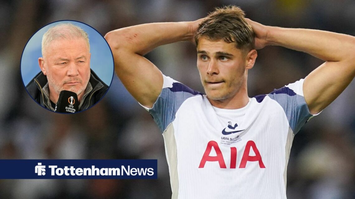 Tottenham star Micky van de Ven has his hands on his head during a game, as pundit Ally McCoist features in a circular inset.