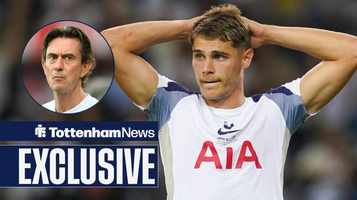 Tottenham News exclusive as Micky van de Ven stands with his hands on his head during a game, as Thomas Frank glares across from a circular inset.