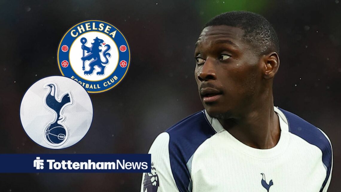 Randal Kolo Muani in action for Spurs with Tottenham and Chelsea badges in circular insets