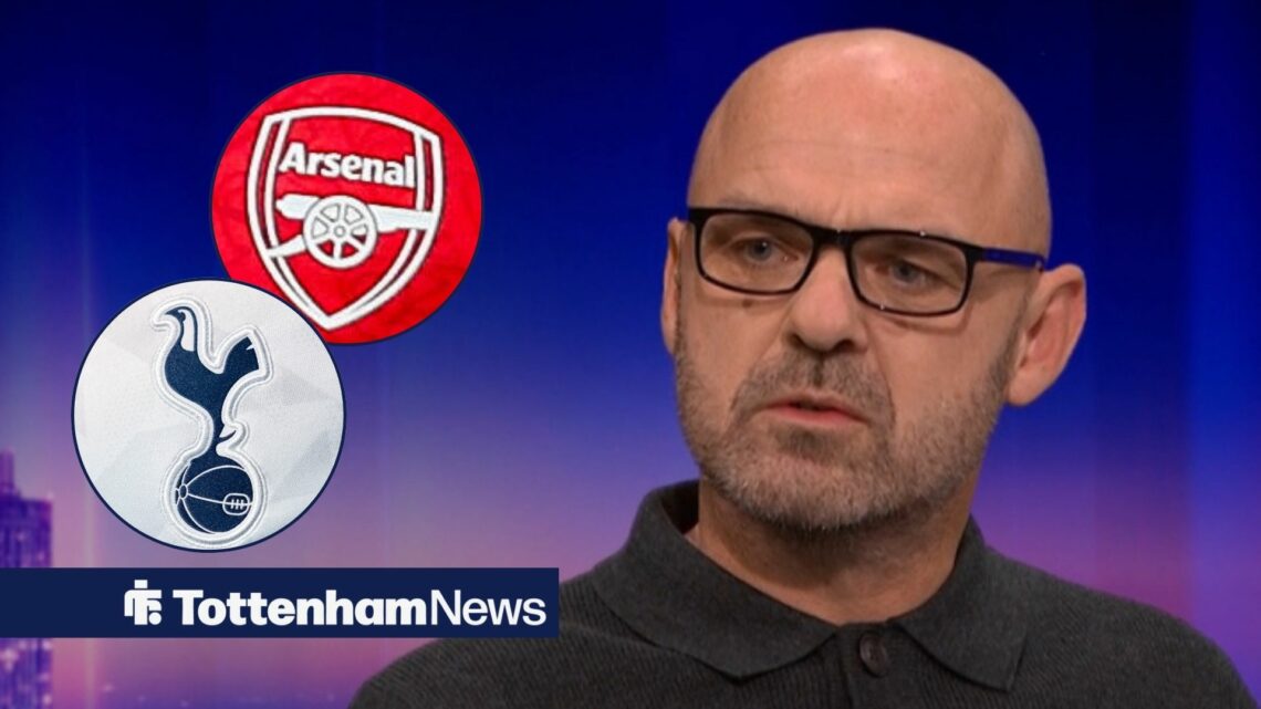 Danny Murphy looking at Tottenam and Arsenal badges in circular insets