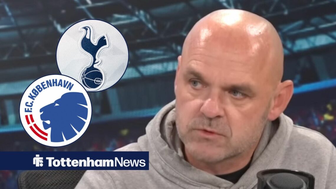 Danny Murphy looking at Copenhagen and Tottenham badges in circular insets