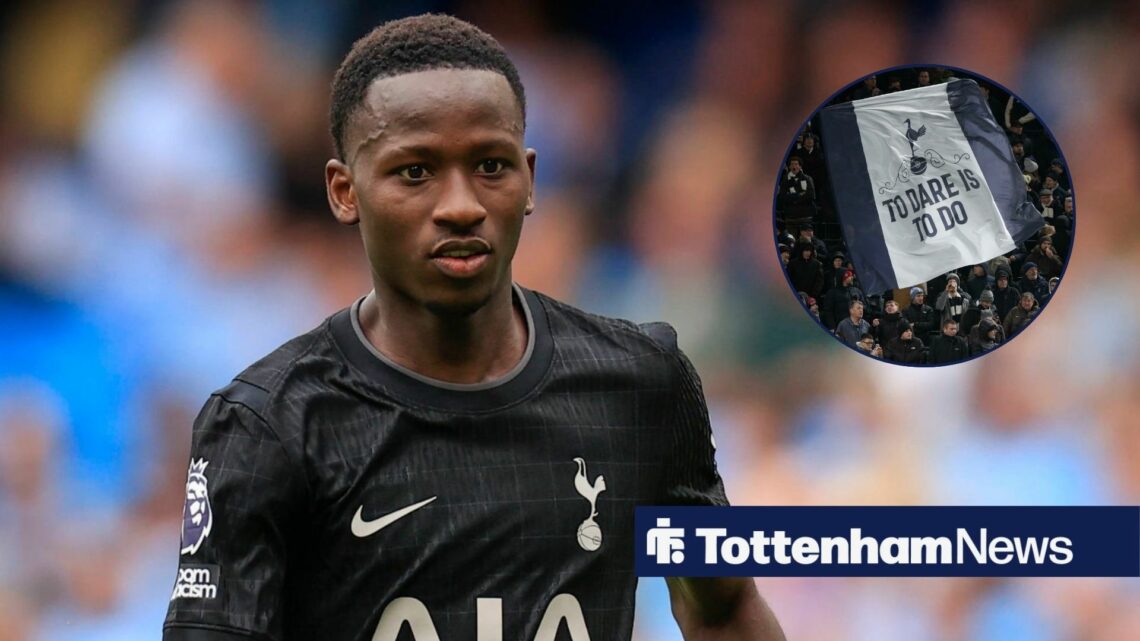Pape Sarr in action during a game for Tottenham, as fans wave a giant flag in a circular inset.
