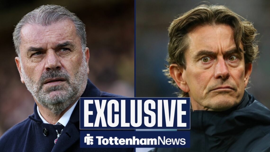 Ange Postecoglou looking at Thomas Frank in split image