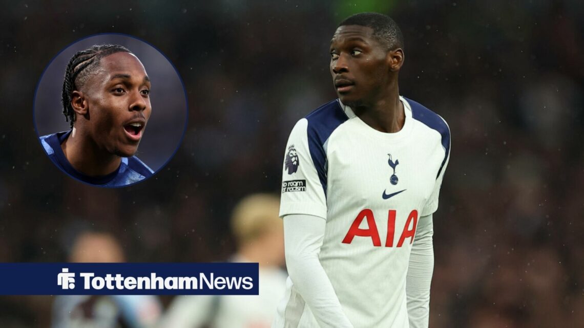 Tottenham star Randal Kolo Muani glances to the left during a game, where Mathys Tel grins in a circular inset.