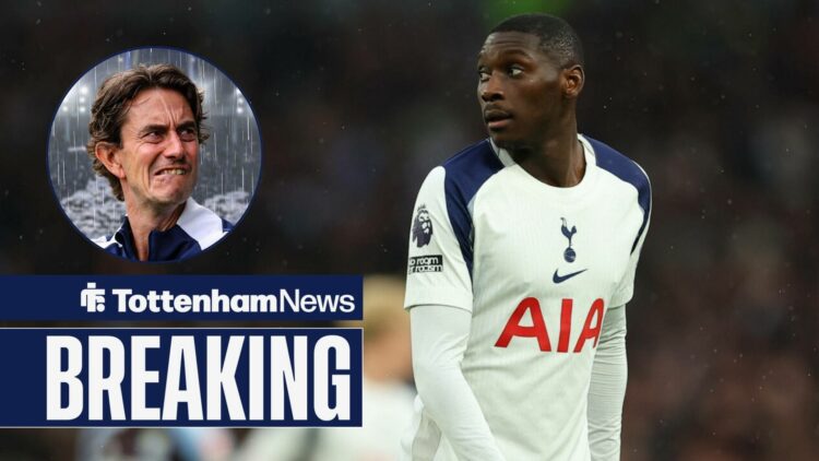 Breaking news as Tottenham star Randal Kolo Muani glances back towards a circular inset, where rain falls on manager Thomas Frank.