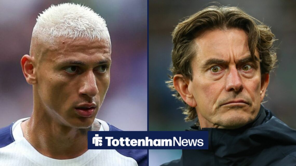 Richarlison looking at Thomas Frank in split image