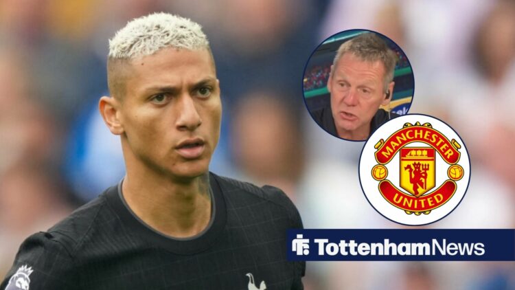 Richarlison in action for Tottenham and Stuart Pearce and Manchester United badge in circular insets