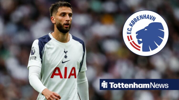 Rodrigo Bentancur in action for Tottenham, as the FC Copenhagen badge features in a circular inset.