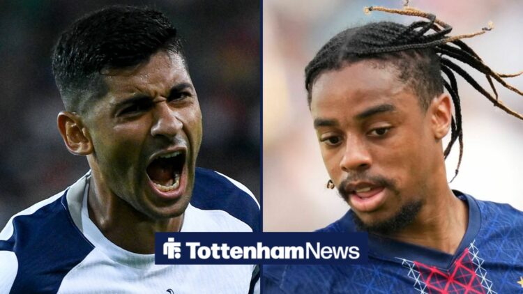 Cristian Romero screaming at Bradley Barcola in split image