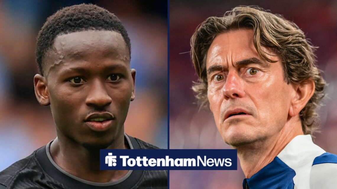 Pape Matar Sarr in action for Tottenham and Thomas Frank in split image