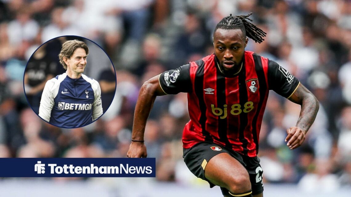 Antoine Semenyo playing for Bournemouth and Thomas Frank smiling in a round overlay