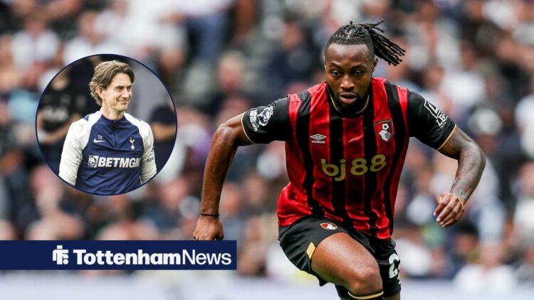 Antoine Semenyo playing for Bournemouth and Thomas Frank smiling in a round overlay