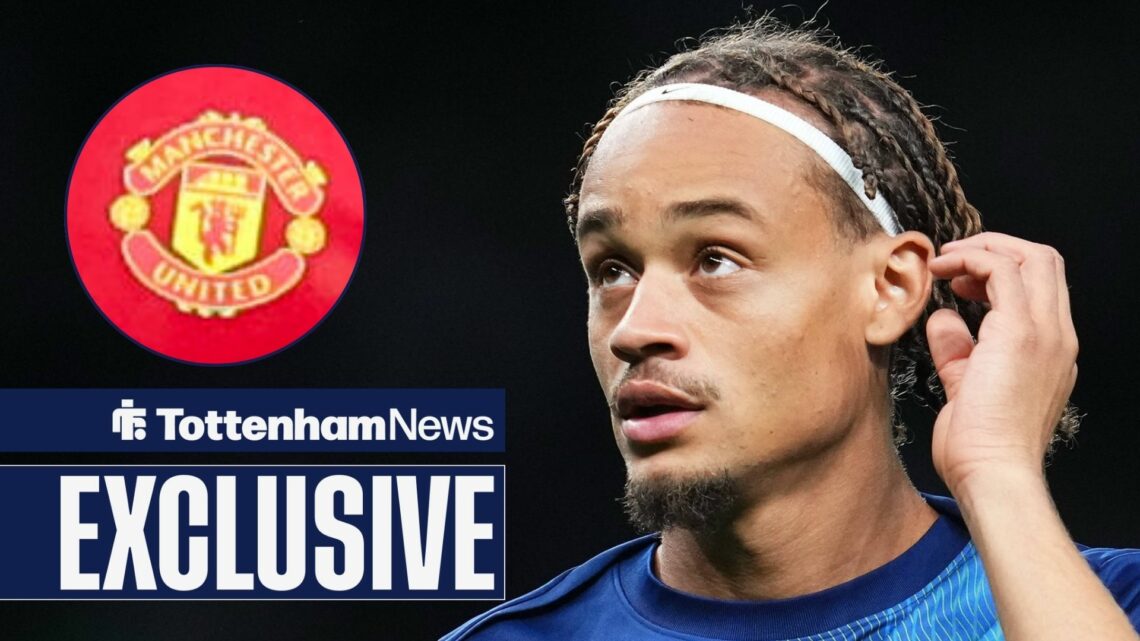 Xavi Simons in action for Tottenham looking at Manchester United badge in circular inset