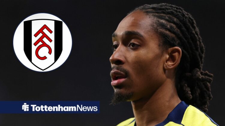 Djed Spence looking at Fulham badge in circular inset