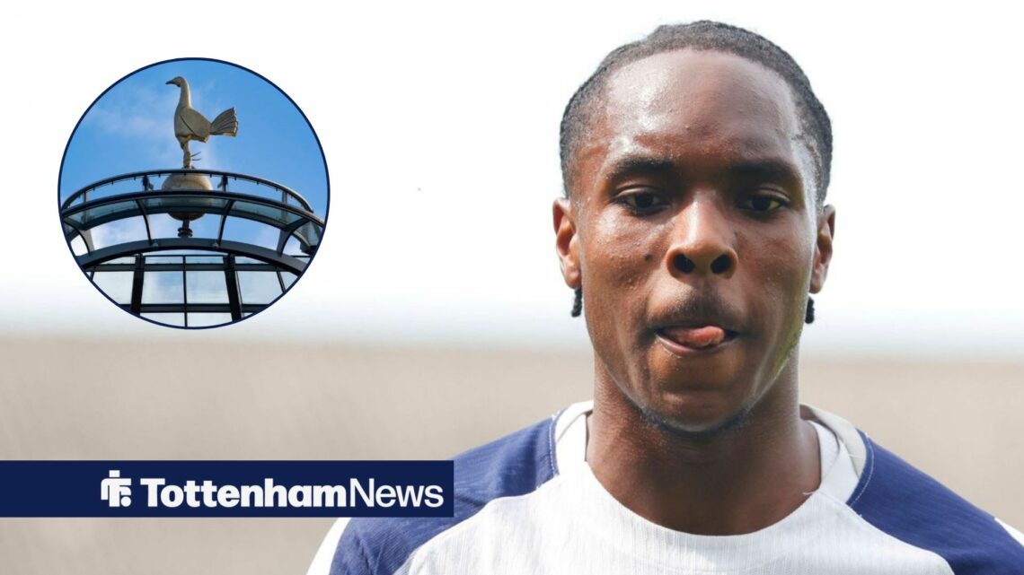 Mathys Tel focused on Tottenham Hotspur Stadium in circular inset