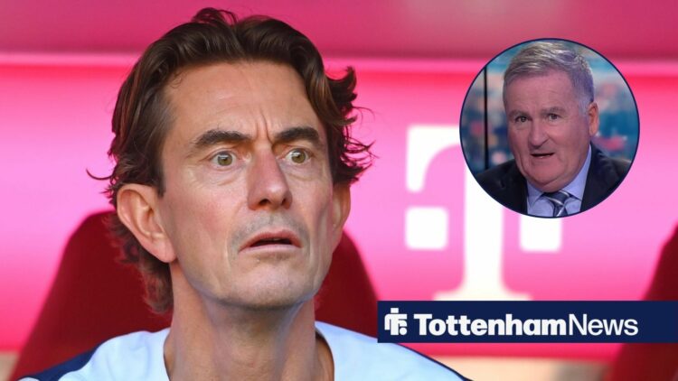 Tottenham manager Thomas Frank stares concernedly out of the dugout, as Richard Keys watches on from a circular inset.