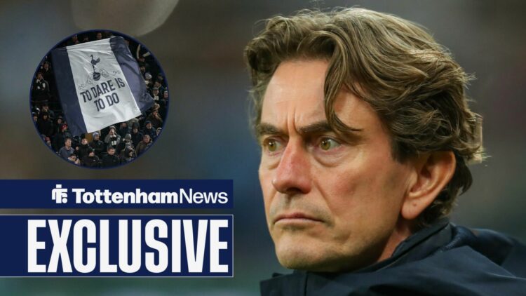 Tottenham News exclusive as Thomas Frank stares frustratedly towards a circular inset, where Spurs fans wave a giant flag.