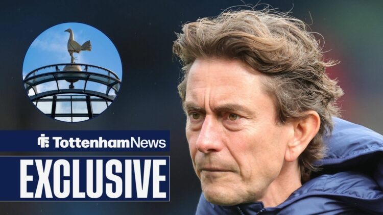 Thomas Frank looking sternly at Tottenham Hotspur Stadium in circular inset