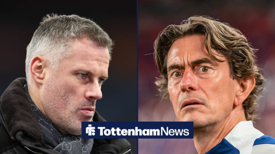 Tottenham boss Thomas Frank looks angry, Jamie Carragher looks puzzled.