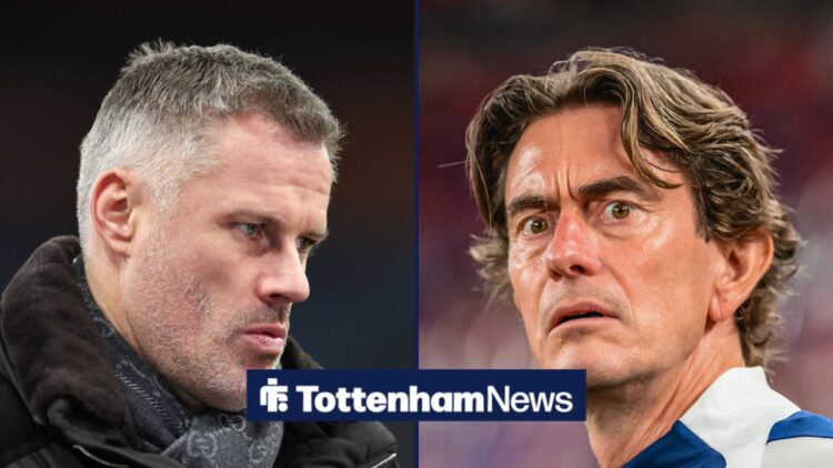 Tottenham boss Thomas Frank looks angry, Jamie Carragher looks puzzled.