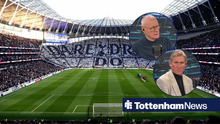 Tottenham Hotspur Stadium on match day with Jim White and Simon Jordan in round overlays
