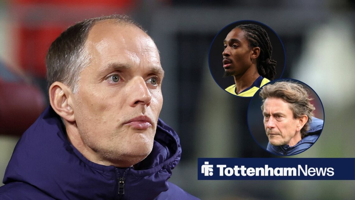 Thomas Tuchel looking at Djed Spence and Thomas Frank in circular insets