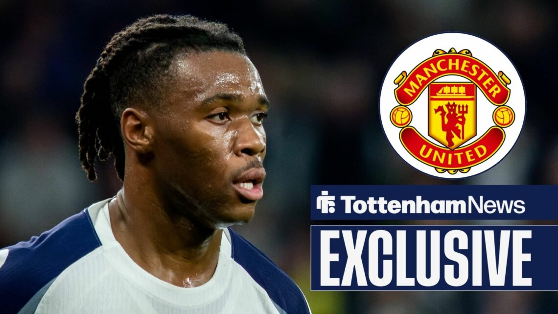 Destiny Udogie in action for Tottenham and Manchester United badge in circular inset