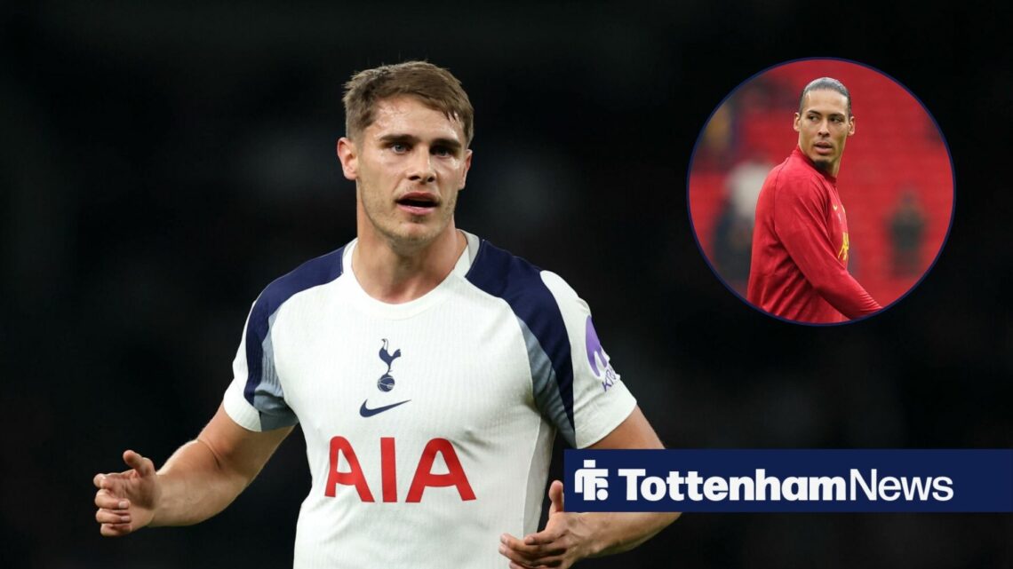 Micky van de ven in Tottenham kit and Virgil van Dijk looks over his shoulder in a round overlay