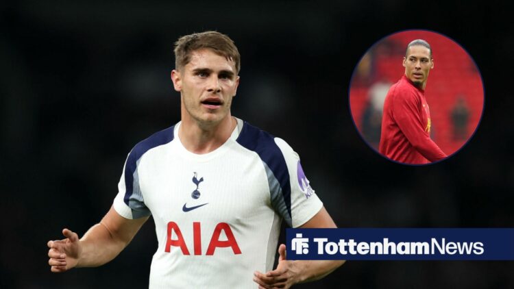 Micky van de ven in Tottenham kit and Virgil van Dijk looks over his shoulder in a round overlay