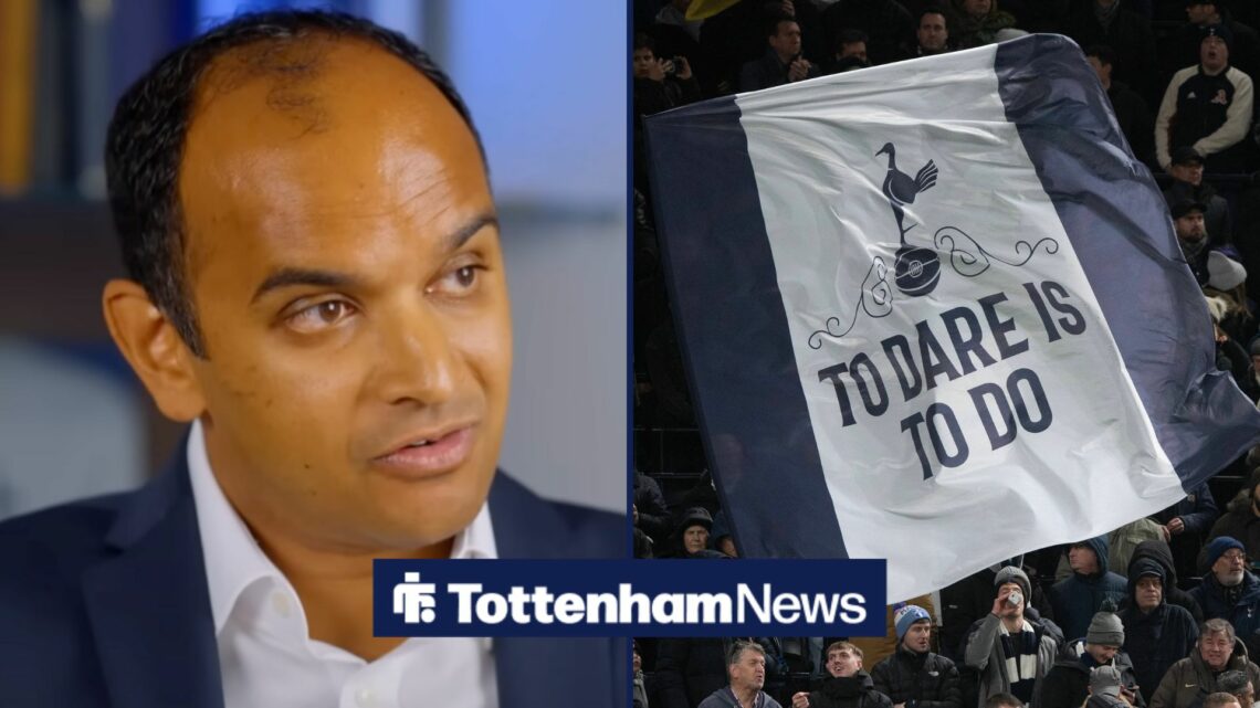 Vinai Venkatesham focused while being interviewed and Tottenham fans in split image