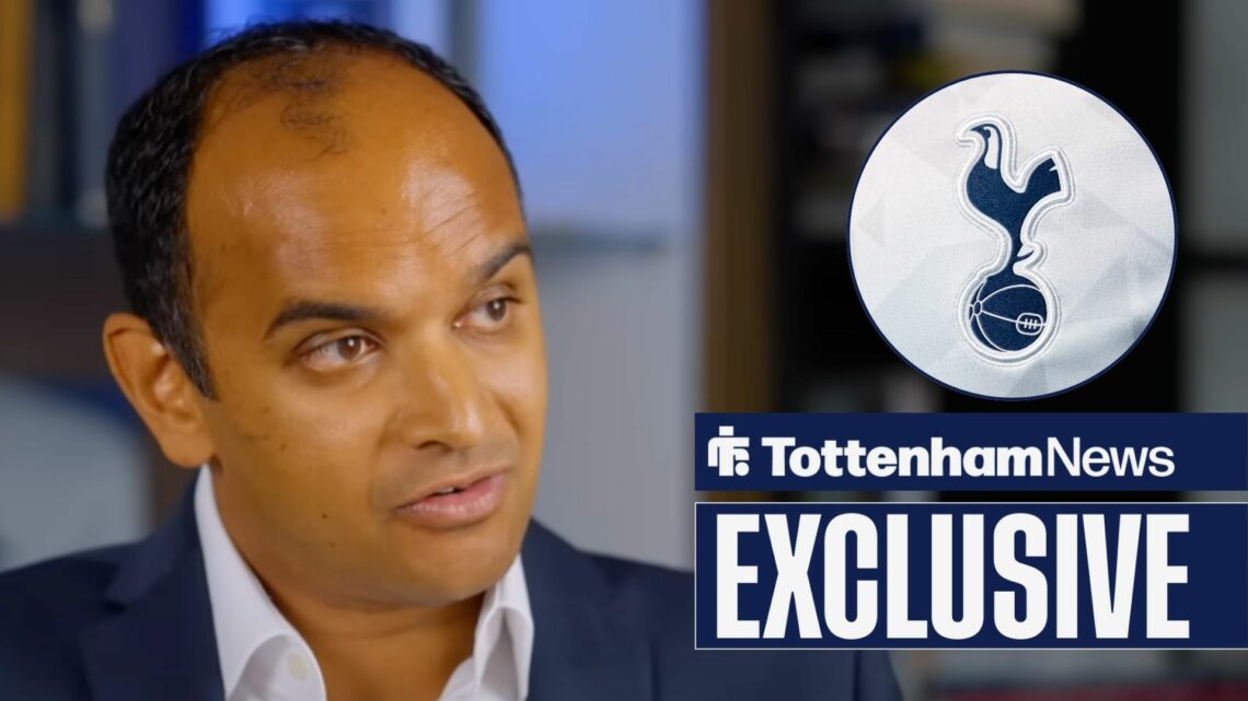 Vinai Venkatesham focused while being interviewed and Tottenham badge in circular inset
