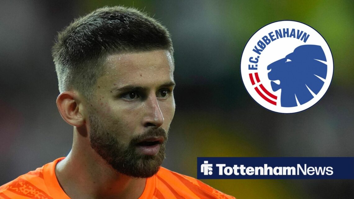 Giglielmo Vicario in action for Tottenham and Copenhagen badge in circular inset