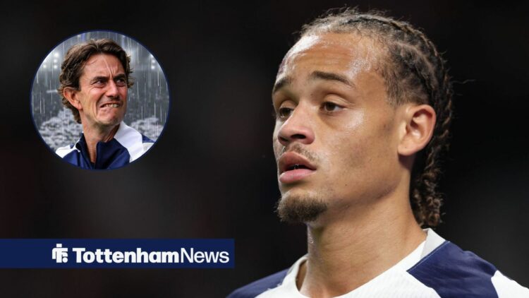 Xavi Simons is in action for Tottenham, as Thomas Frank glances across concernedly from a circular inset.